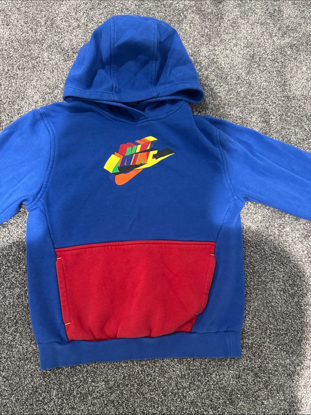 Nike Blue Hoodie with Red Pocket and Multicolor Chest Logo